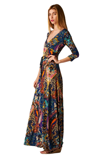 Paisley Bohemian Floral Print 3/4 Sleeves Long Maxi Dress